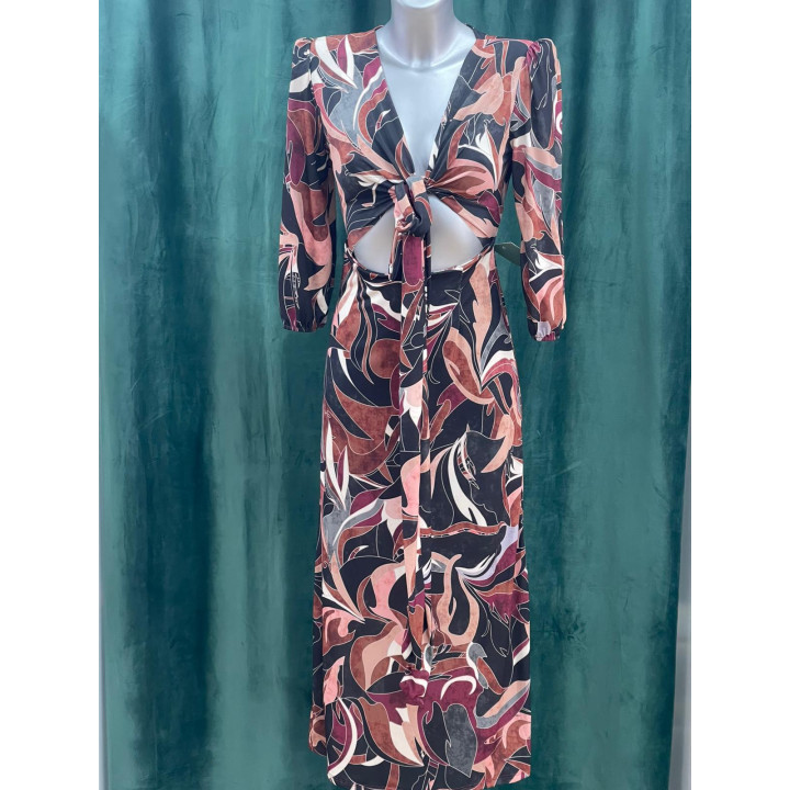 Vestido estampado con escote anudado y apertura | Doble S Moda