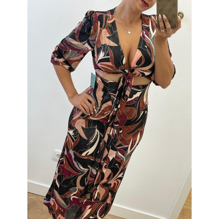 Vestido estampado con escote anudado y apertura | Doble S Moda