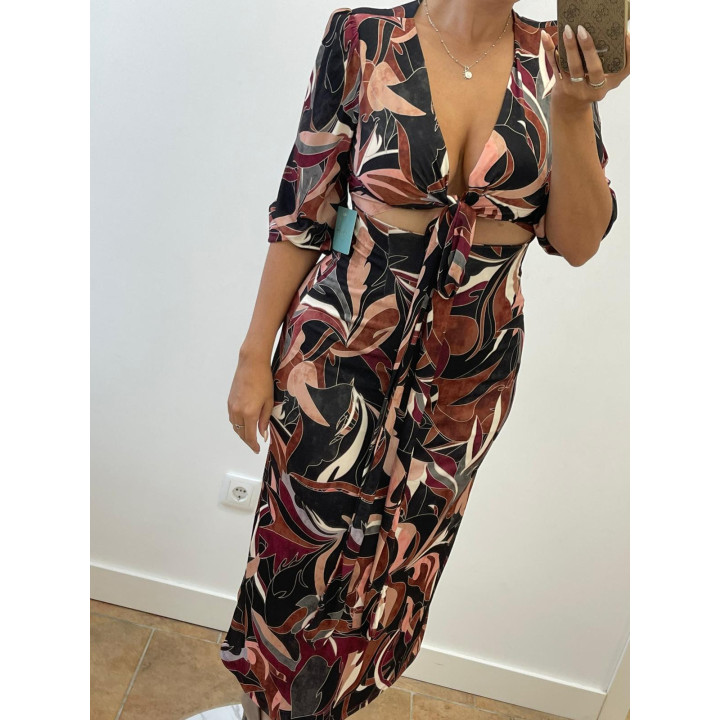 Vestido estampado con escote anudado y apertura | Doble S Moda
