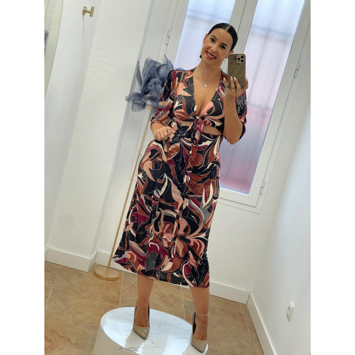 Vestido estampado con escote anudado y apertura | Doble S Moda