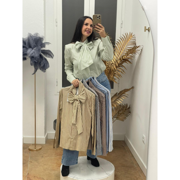 Camisa de rayas mujer con moña cuello | Doble S Moda