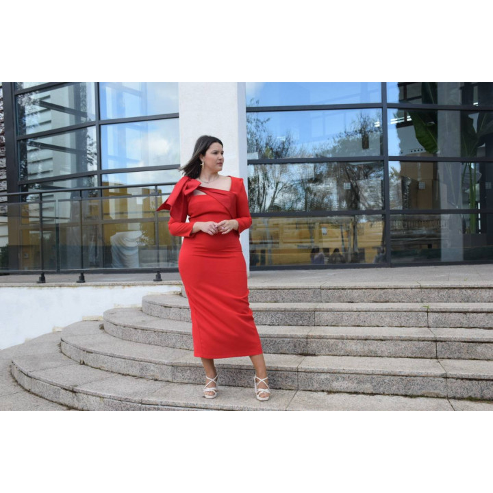 Vestido midi elegante con escote cuadrado y moña de tafetán | Doble S Moda