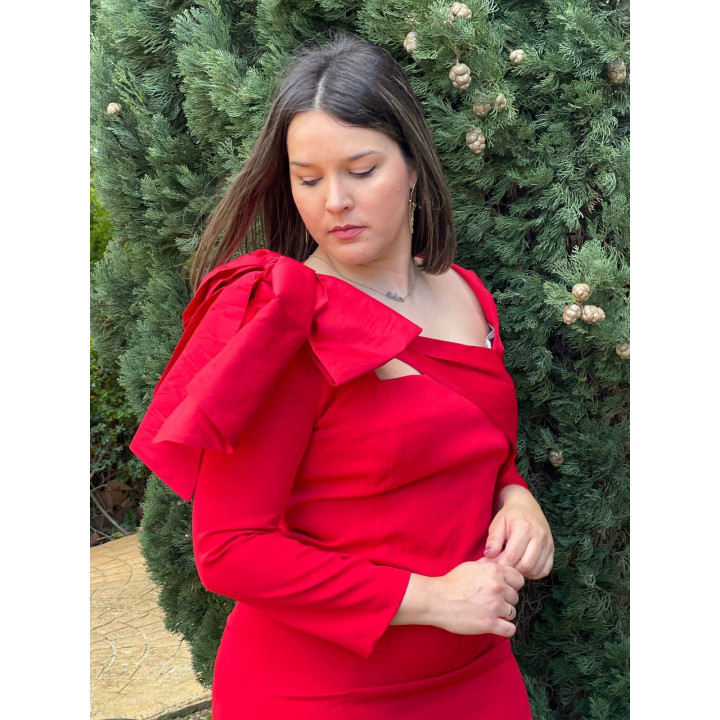 Vestido midi elegante con escote cuadrado y moña de tafetán | Doble S Moda