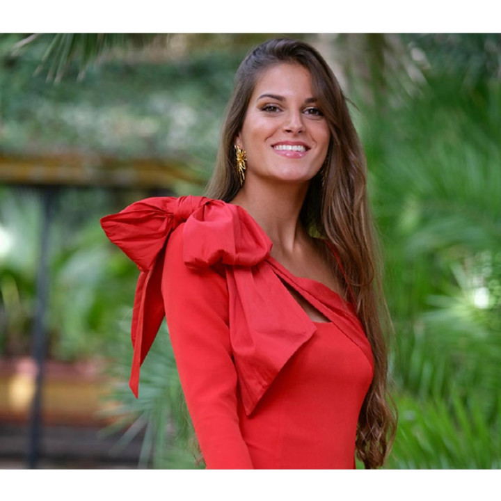 Vestido midi elegante con escote cuadrado y moña de tafetán | Doble S Moda