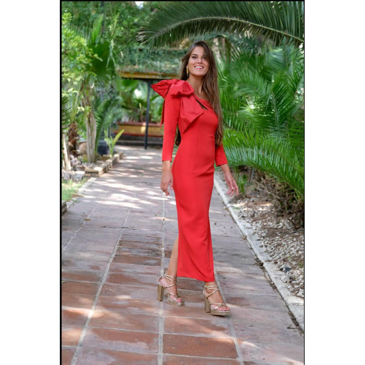 Vestido midi elegante con escote cuadrado y moña de tafetán | Doble S Moda