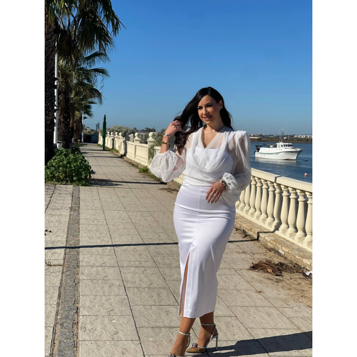 Vestido blanco dos piezas con capa de gasa | Evento y comunión