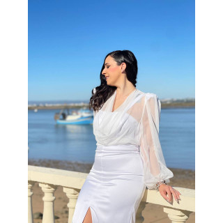 Vestido blanco dos piezas con capa de gasa | Evento y comunión