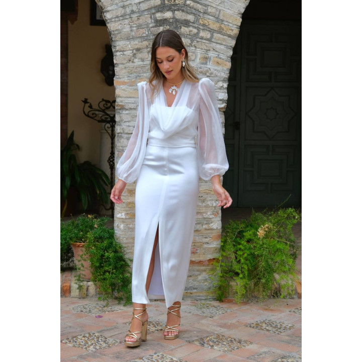 Vestido blanco dos piezas con capa de gasa | Evento y comunión