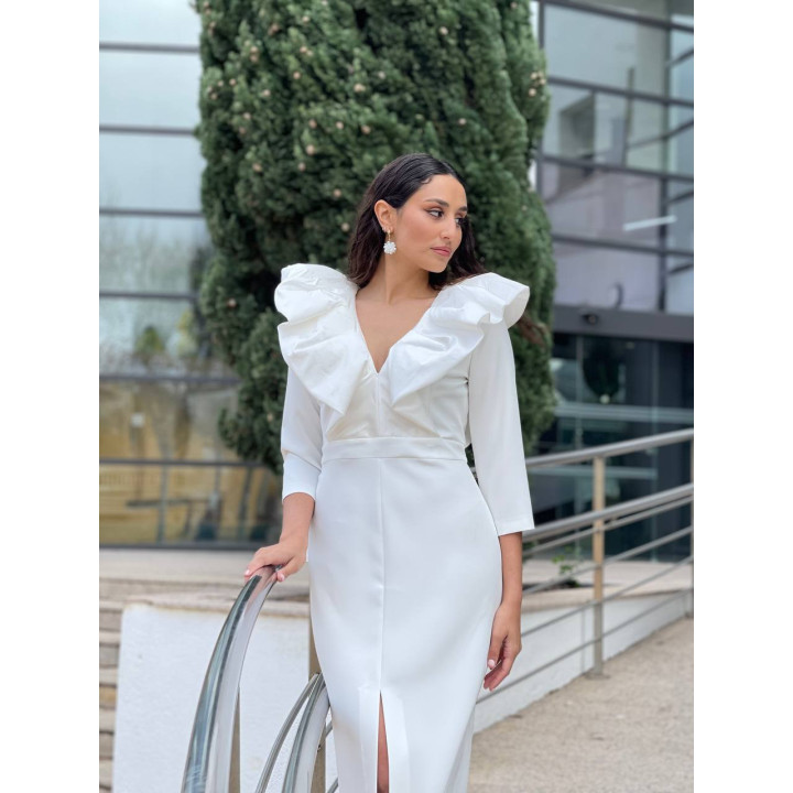 Vestido Blanco Midi Manga Francesa con Volante Talla Pequeña | Doble S Moda