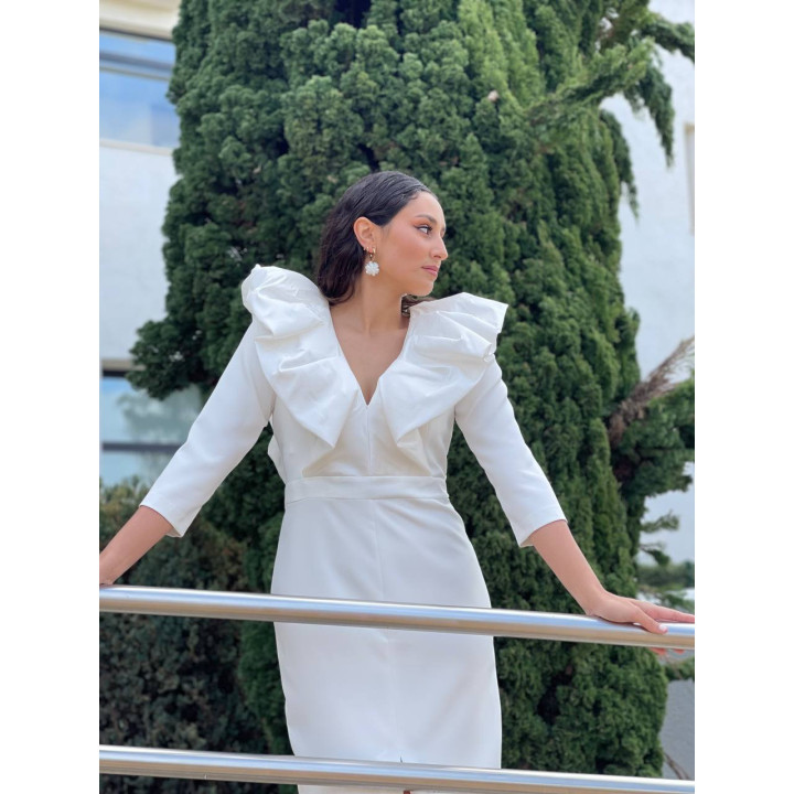 Vestido Blanco Midi Manga Francesa con Volante Talla Pequeña | Doble S Moda