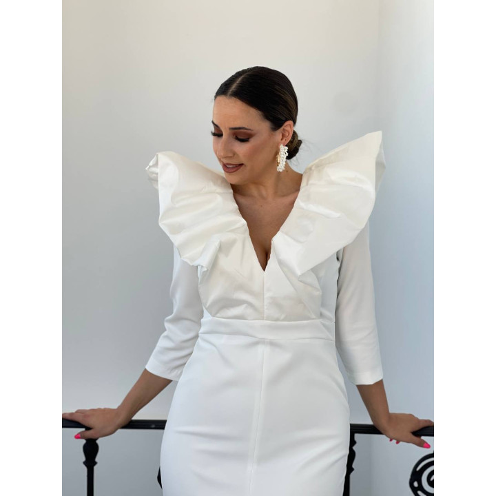 Vestido Blanco Midi Manga Francesa con Volante Talla Pequeña | Doble S Moda