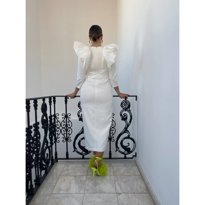 Vestido Blanco Midi Manga Francesa con Volante Talla Pequeña | Doble S Moda