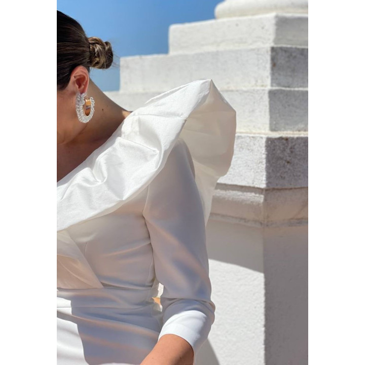 Vestido Blanco Midi Manga Francesa con Volante Talla Pequeña | Doble S Moda