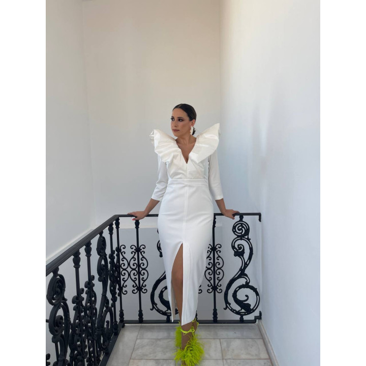 Vestido Blanco Midi Manga Francesa con Volante Talla Pequeña | Doble S Moda