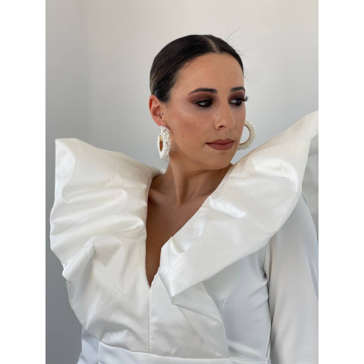 Vestido Blanco Midi Manga Francesa con Volante Talla Pequeña | Doble S Moda