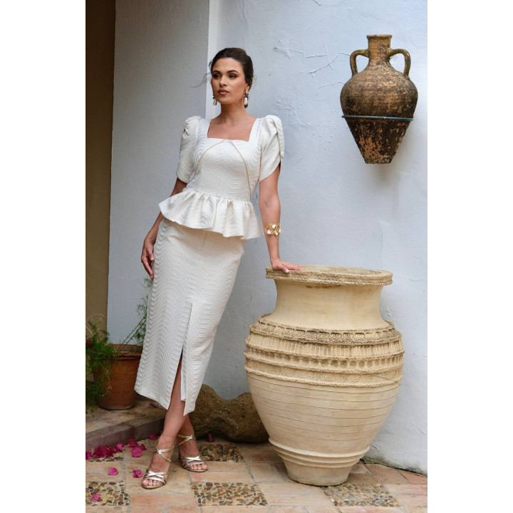 Vestido Beige Brocado Midi Elegante | Invitadas, Mamis Comunion y Bautizo y Novias Civiles – Doble S Moda