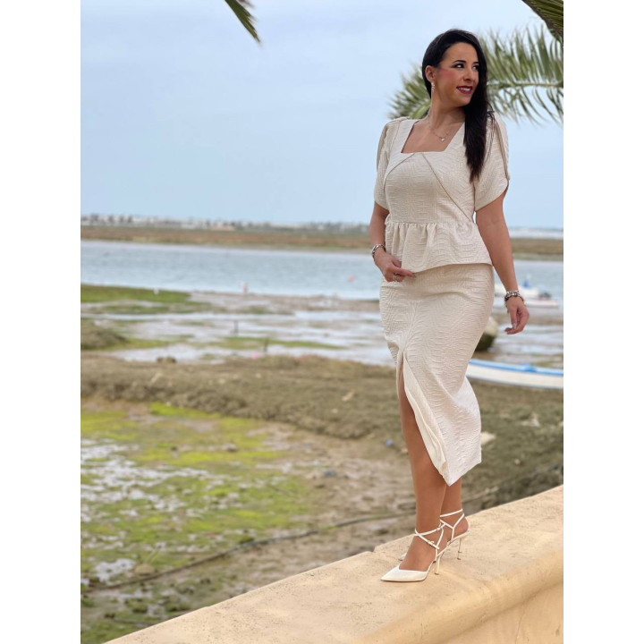 Vestido Beige Brocado Midi Elegante | Invitadas, Mamis Comunion y Bautizo y Novias Civiles – Doble S Moda