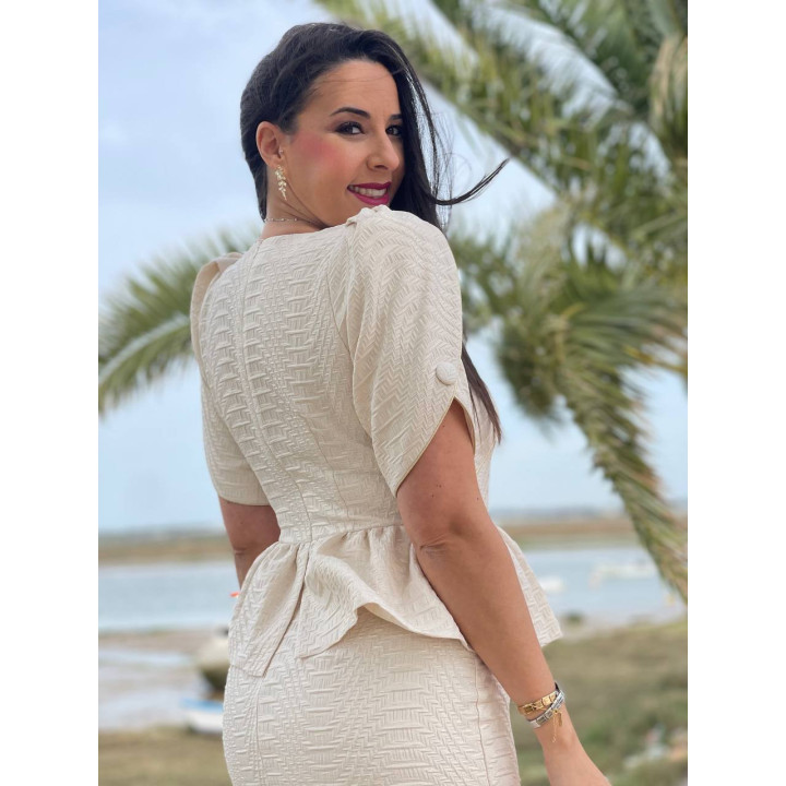 Vestido Beige Brocado Midi Elegante | Invitadas, Mamis Comunion y Bautizo y Novias Civiles – Doble S Moda