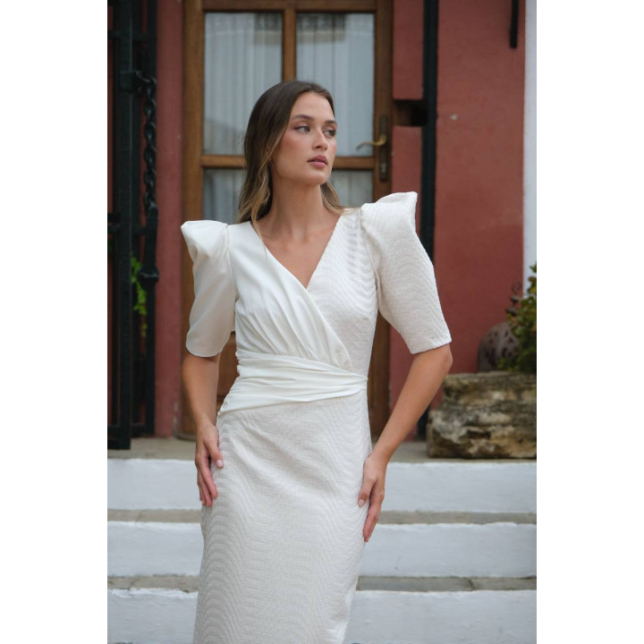 Vestido Beige y Blanco Roto Midi Elegante | Fabricación Española – Doble S Moda