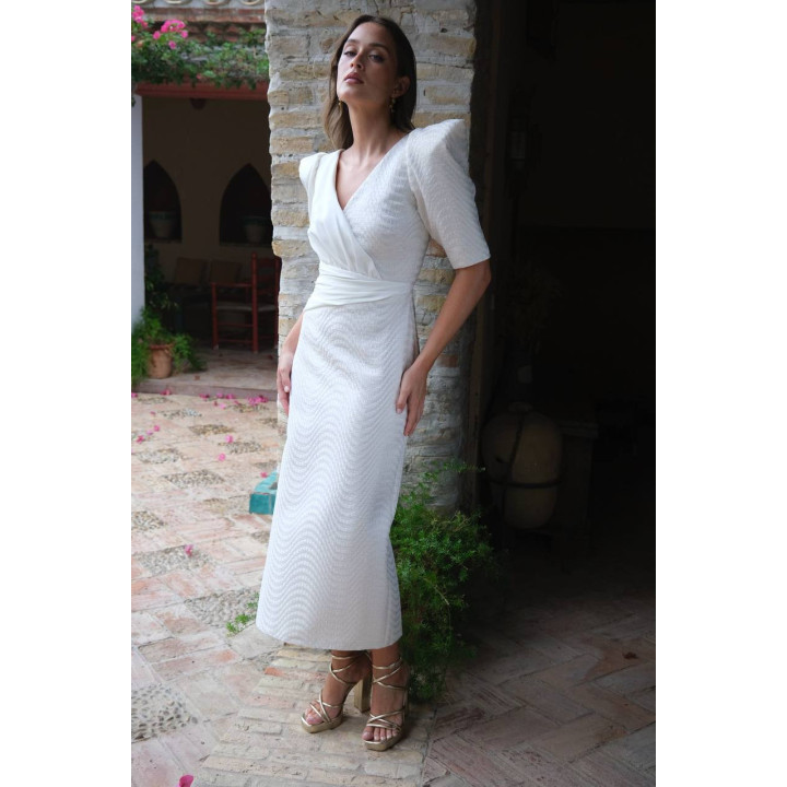 Vestido Beige y Blanco Roto Midi Elegante | Fabricación Española – Doble S Moda