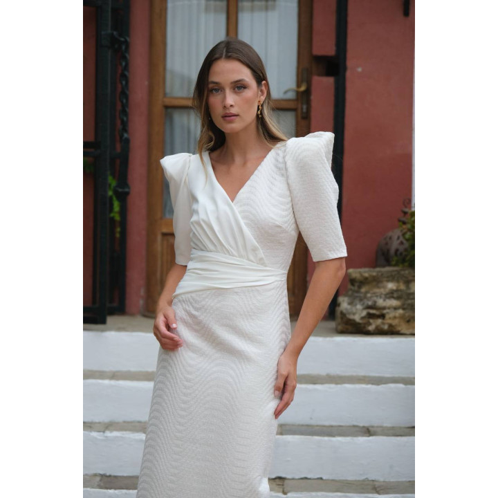 Vestido Beige y Blanco Roto Midi Elegante | Fabricación Española – Doble S Moda