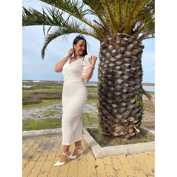 Vestido Beige y Blanco Roto Midi Elegante | Fabricación Española – Doble S Moda