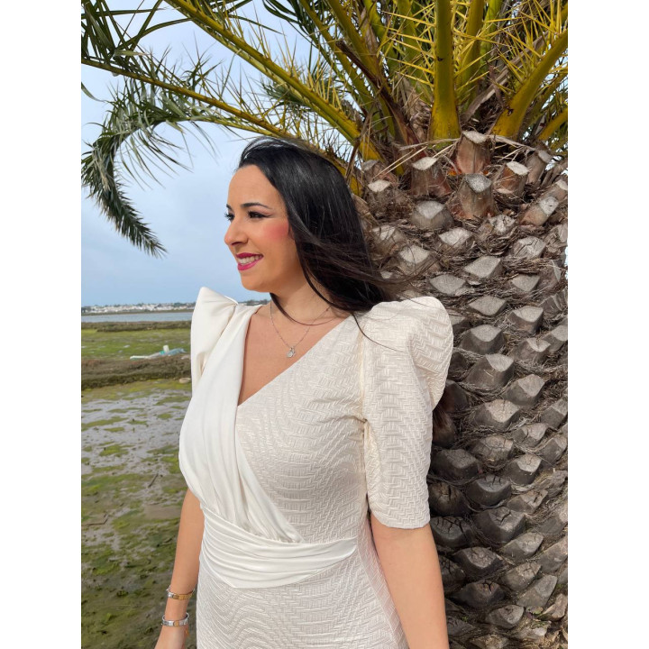 Vestido Beige y Blanco Roto Midi Elegante | Fabricación Española – Doble S Moda