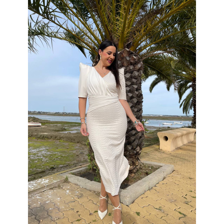 Vestido Beige y Blanco Roto Midi Elegante | Fabricación Española – Doble S Moda