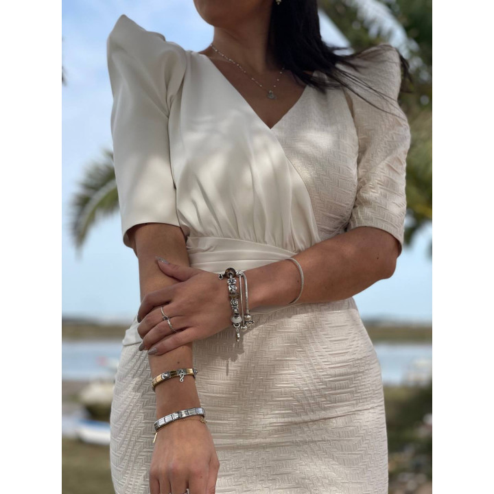 Vestido Beige y Blanco Roto Midi Elegante | Fabricación Española – Doble S Moda