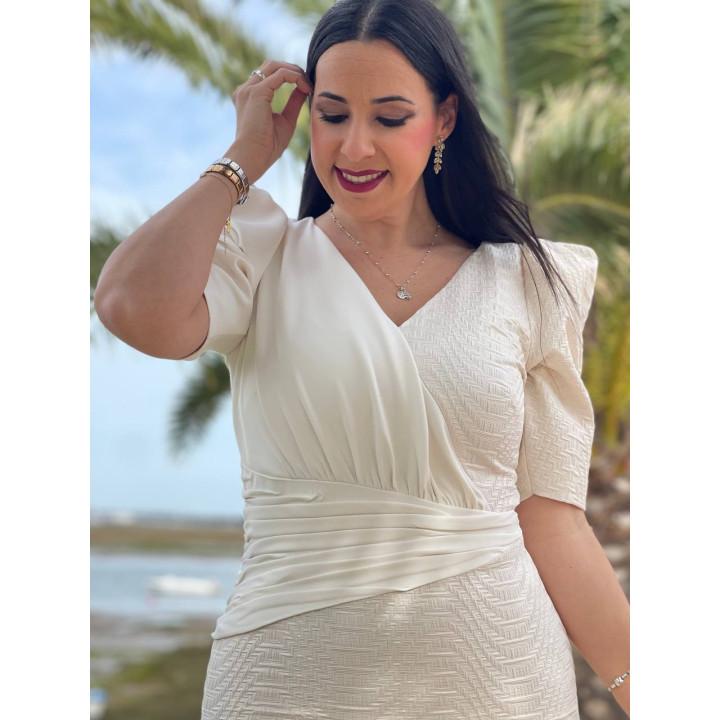 Vestido Beige y Blanco Roto Midi Elegante | Fabricación Española – Doble S Moda