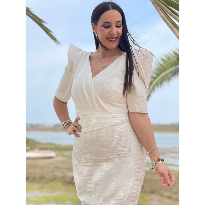 Vestido Beige y Blanco Roto Midi Elegante | Fabricación Española – Doble S Moda