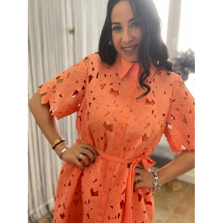 Vestido perforado tipo camisero con forro | Doble S Moda