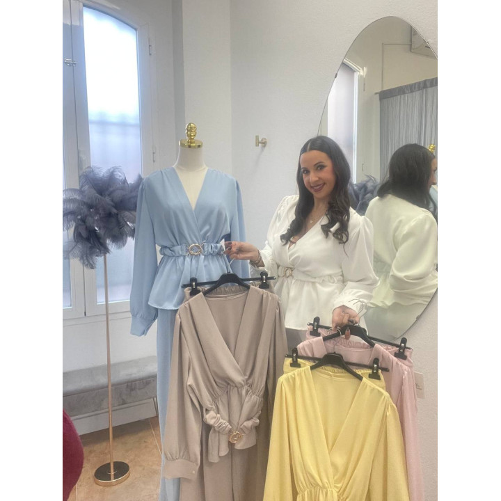 conjunto pantalón ancho y top volante | Doble S Moda