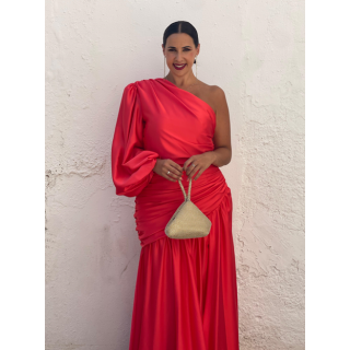 Vestido largo coral asimétrico con raja lateral – Elegancia de noche | Doble S Moda